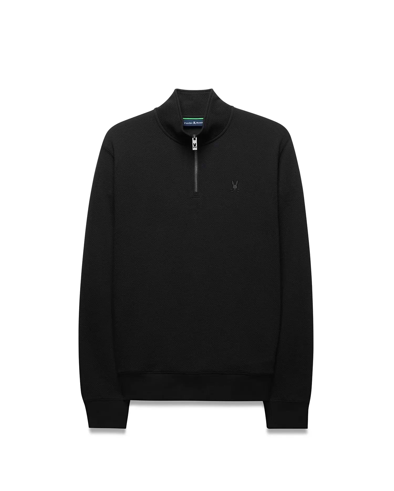 Black Mens Marc Textured 1/4 Zip, a classic fit pullover with a subtle geometric textured knit, silver quarter-zip, and an embroidered black Psycho Bunny skull logo on the left chest.