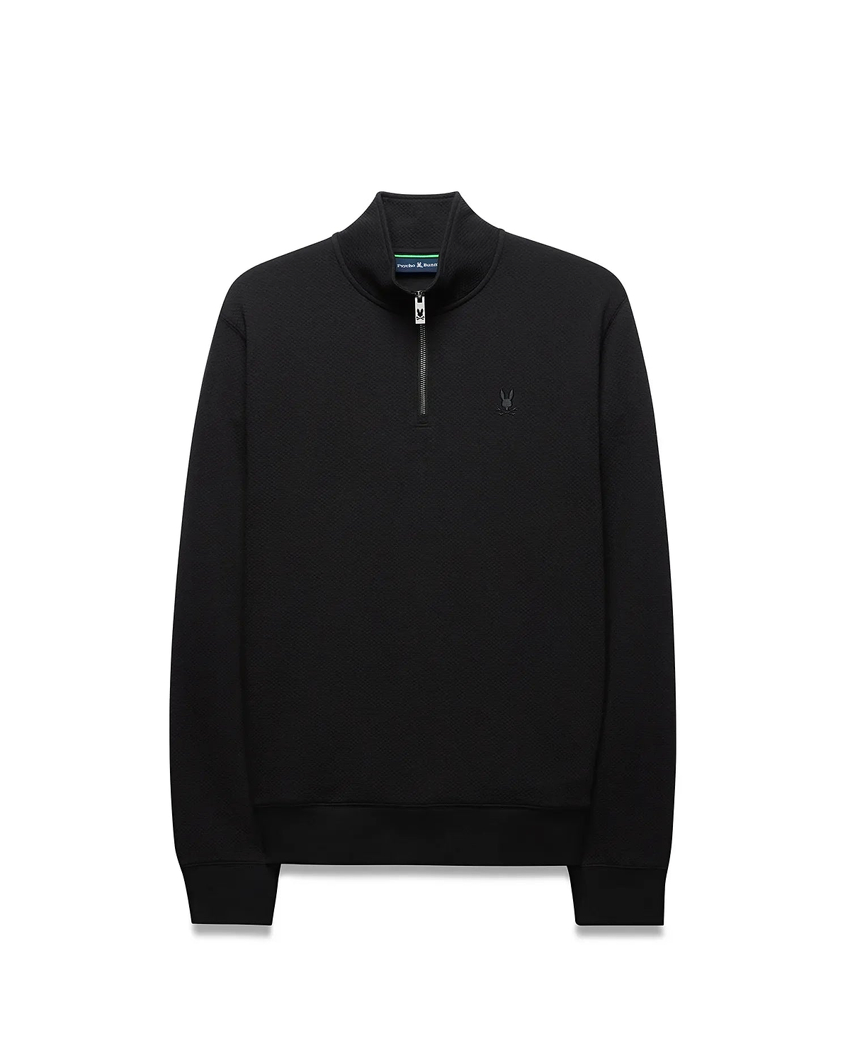 Black Mens Marc Textured 1/4 Zip, a classic fit pullover with a subtle geometric textured knit, silver quarter-zip, and an embroidered black Psycho Bunny skull logo on the left chest.