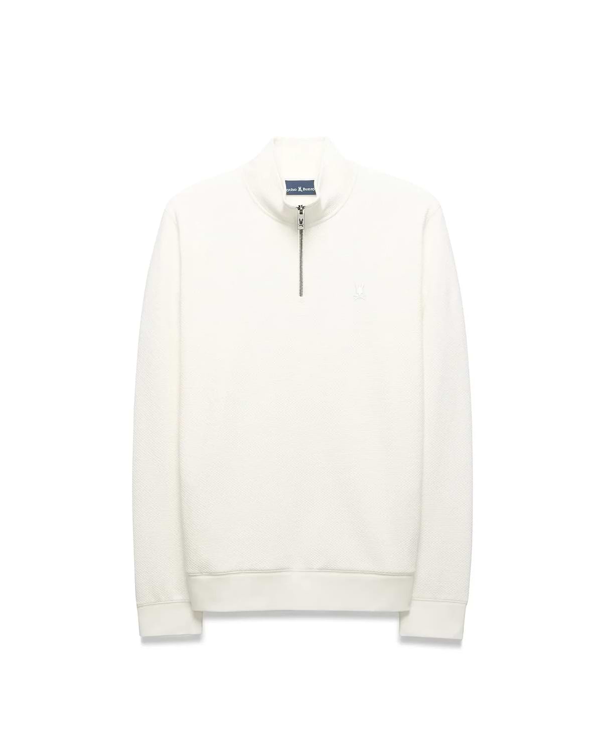 Mens Marc Textured 1/4 Zip in cream, a classic fit pullover with a subtle textured knit, silver quarter-zip, and a tonal embroidered Psycho Bunny skull logo on the left chest. (6)