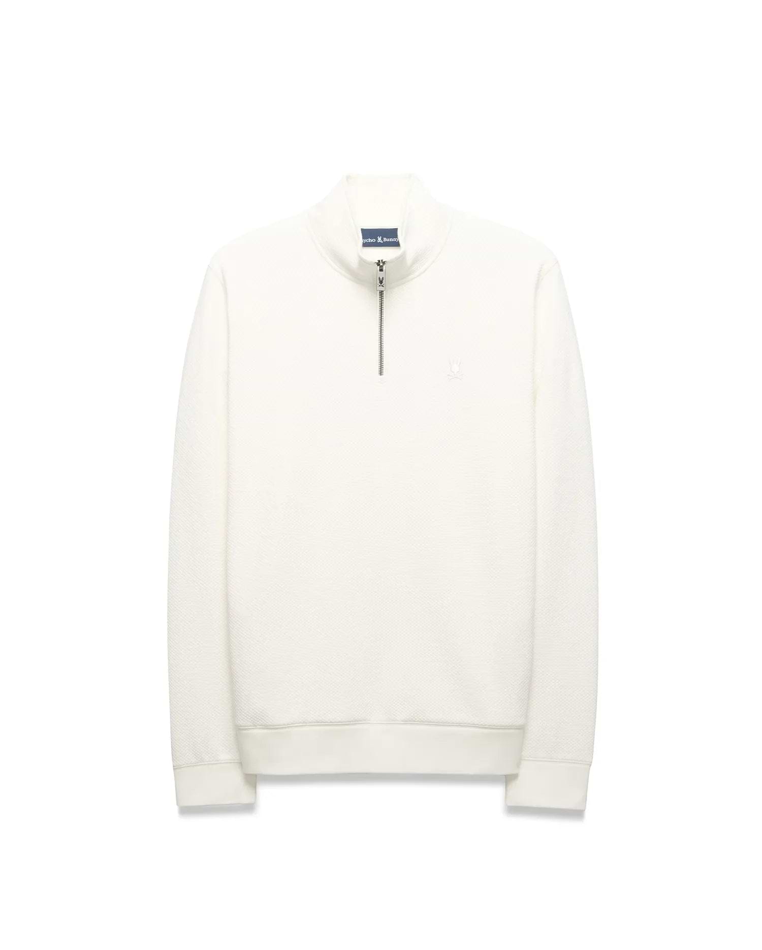 Mens Marc Textured 1/4 Zip in cream, a classic fit pullover with a subtle textured knit, silver quarter-zip, and a tonal embroidered Psycho Bunny skull logo on the left chest. (6)