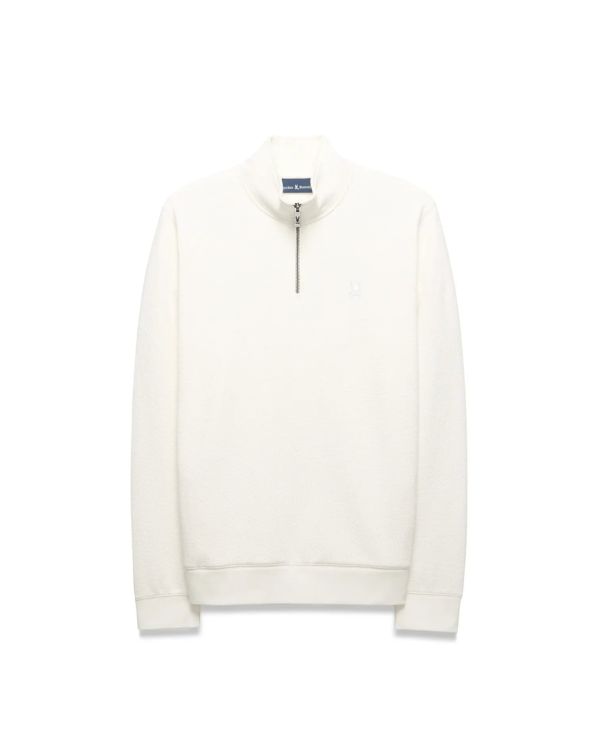 Mens Marc Textured 1/4 Zip in cream, a classic fit pullover with a subtle textured knit, silver quarter-zip, and a tonal embroidered Psycho Bunny skull logo on the left chest. (6)