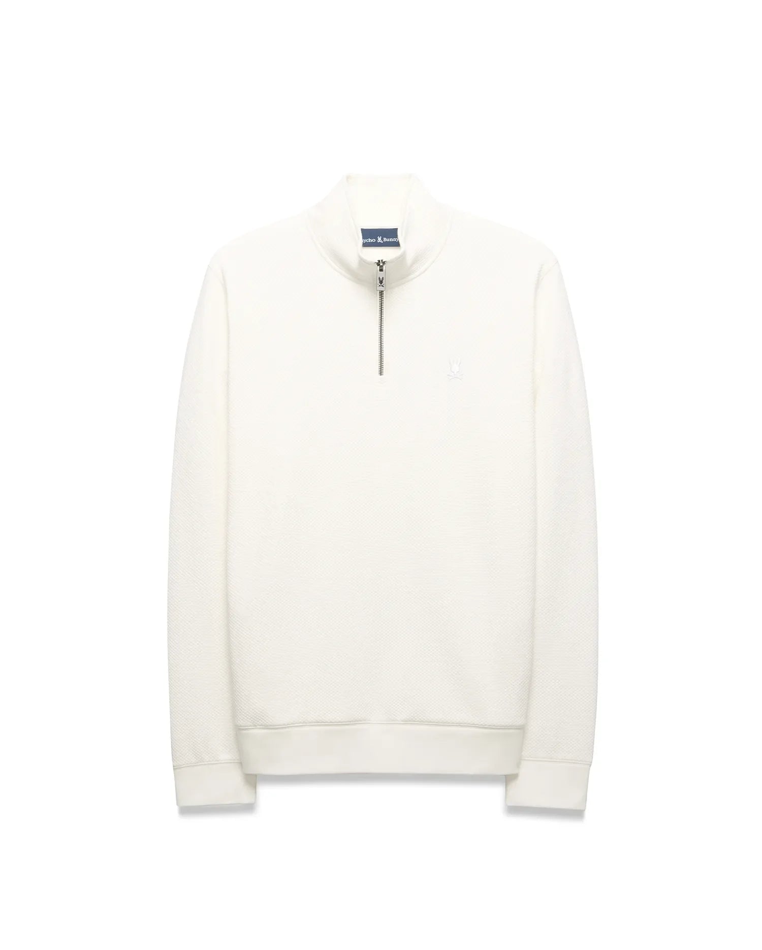 Mens Marc Textured 1/4 Zip in cream, a classic fit pullover with a subtle textured knit, silver quarter-zip, and a tonal embroidered Psycho Bunny skull logo on the left chest. (6)