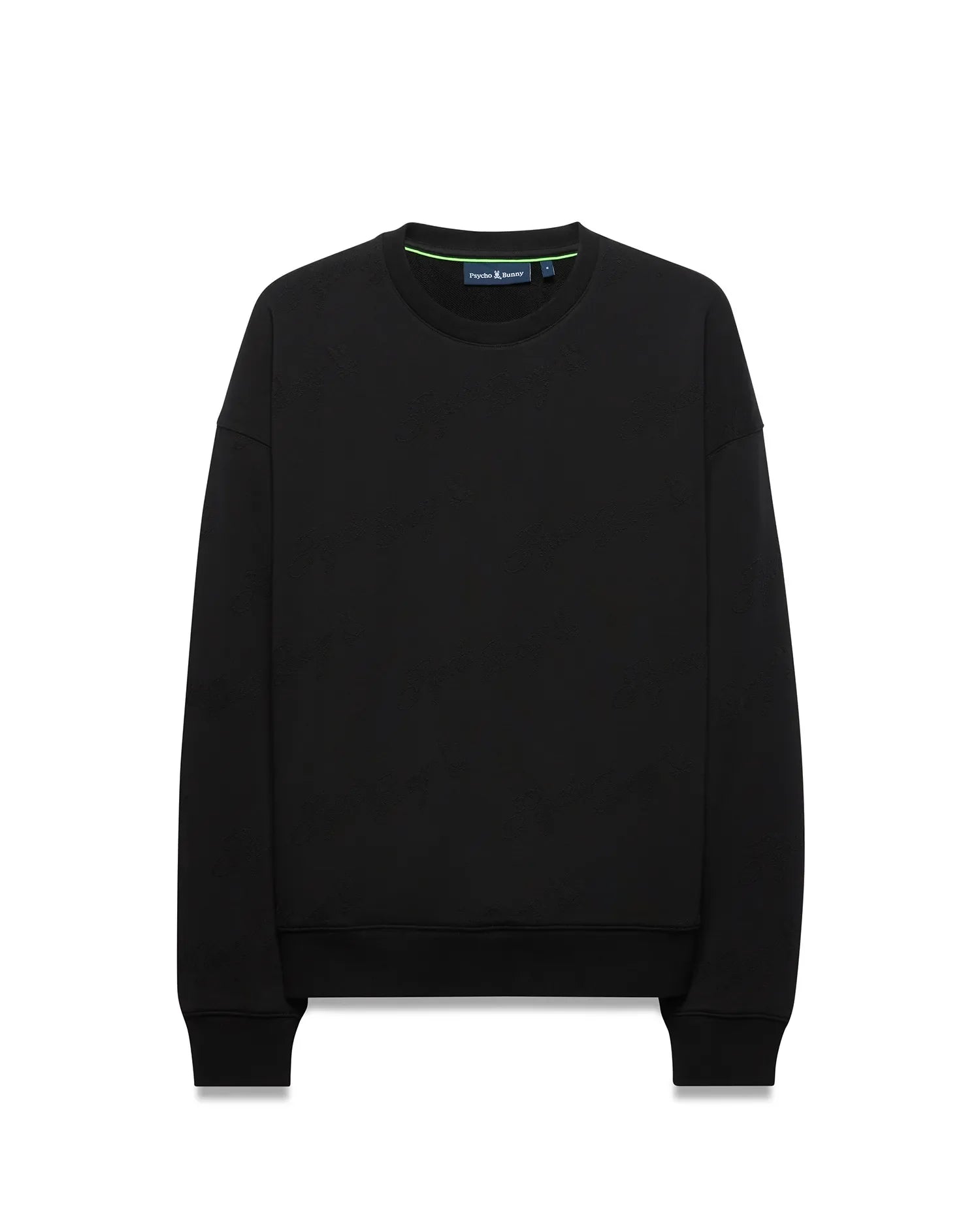 Mens Cedrick All Over Jacquard Crew, a black relaxed-fit sweatshirt featuring a subtle all-over jacquard Psycho Bunny skull logo pattern, ribbed cuffs and hem, and a green accent stripe on the inner neckline. (5)