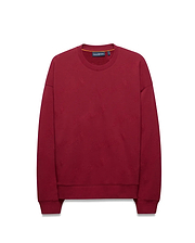 Mens Cedrick All Over Jacquard Crew, a relaxed fit deep red crewneck sweatshirt featuring a subtle all-over jacquard Psycho Bunny skull logo pattern, a small embroidered chest logo, and an orange inner collar stripe.