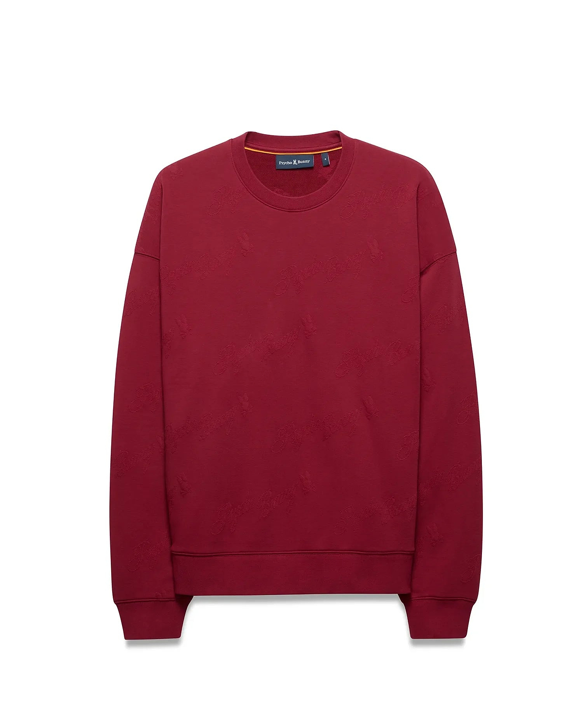 Mens Cedrick All Over Jacquard Crew, a relaxed fit deep red crewneck sweatshirt featuring a subtle all-over jacquard Psycho Bunny skull logo pattern, a small embroidered chest logo, and an orange inner collar stripe.