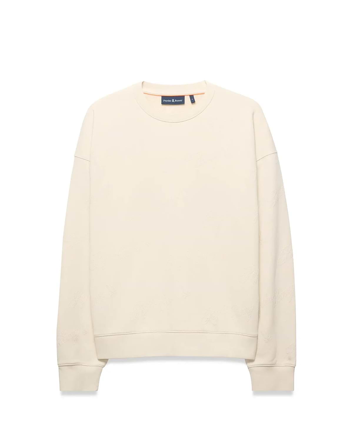 Mens Cedrick All Over Jacquard Crew. Cream relaxed fit crewneck sweatshirt featuring a subtle all-over tonal Psycho Bunny logo jacquard pattern and small embroidered bunny skull logo on left chest.