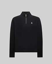 MENS MAXTON WAFFLE 1/4 ZIP, a classic fit black waffle knit pullover featuring a stand-up collar, quarter-zip closure, and a small white embroidered Psycho Bunny skull logo on the left chest.