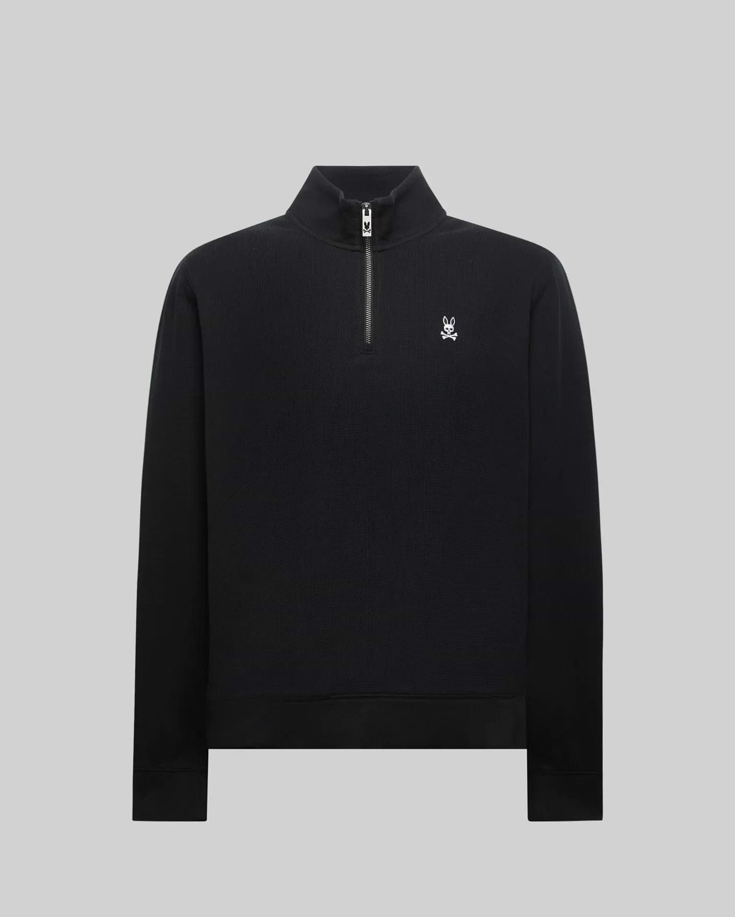 MENS MAXTON WAFFLE 1/4 ZIP, a classic fit black waffle knit pullover featuring a stand-up collar, quarter-zip closure, and a small white embroidered Psycho Bunny skull logo on the left chest.