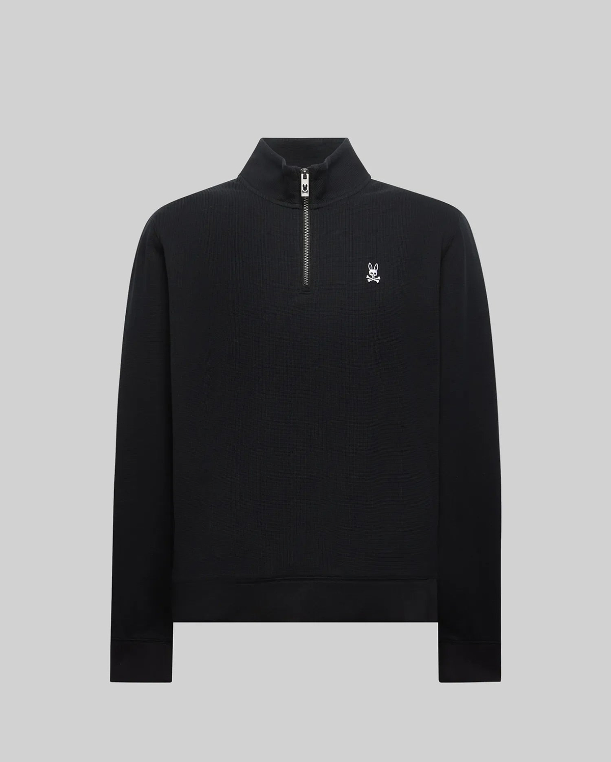 MENS MAXTON WAFFLE 1/4 ZIP, a classic fit black waffle knit pullover featuring a stand-up collar, quarter-zip closure, and a small white embroidered Psycho Bunny skull logo on the left chest.