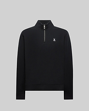 MENS MAXTON WAFFLE 1/4 ZIP, a classic fit black waffle knit pullover featuring a stand-up collar, quarter-zip closure, and a small white embroidered Psycho Bunny skull logo on the left chest.