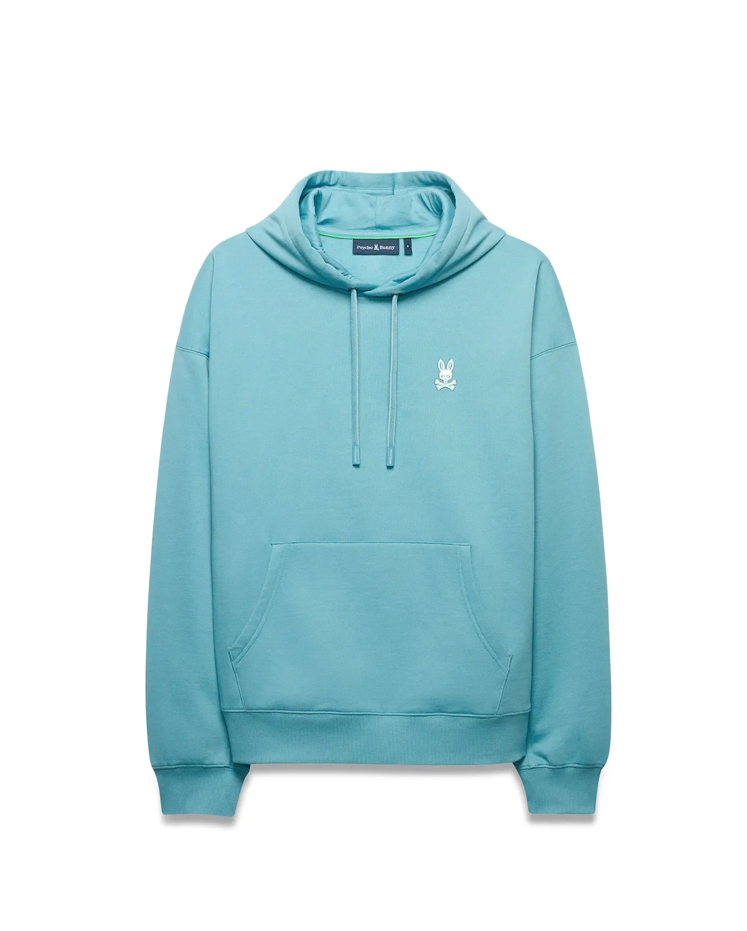 Men's Terrence Fleece Hoodie, an aqua blue relaxed fit hoodie with a smooth fleece texture, featuring a drawstring hood, kangaroo pocket, and a small white embroidered Psycho Bunny skull logo on the left chest. (5)