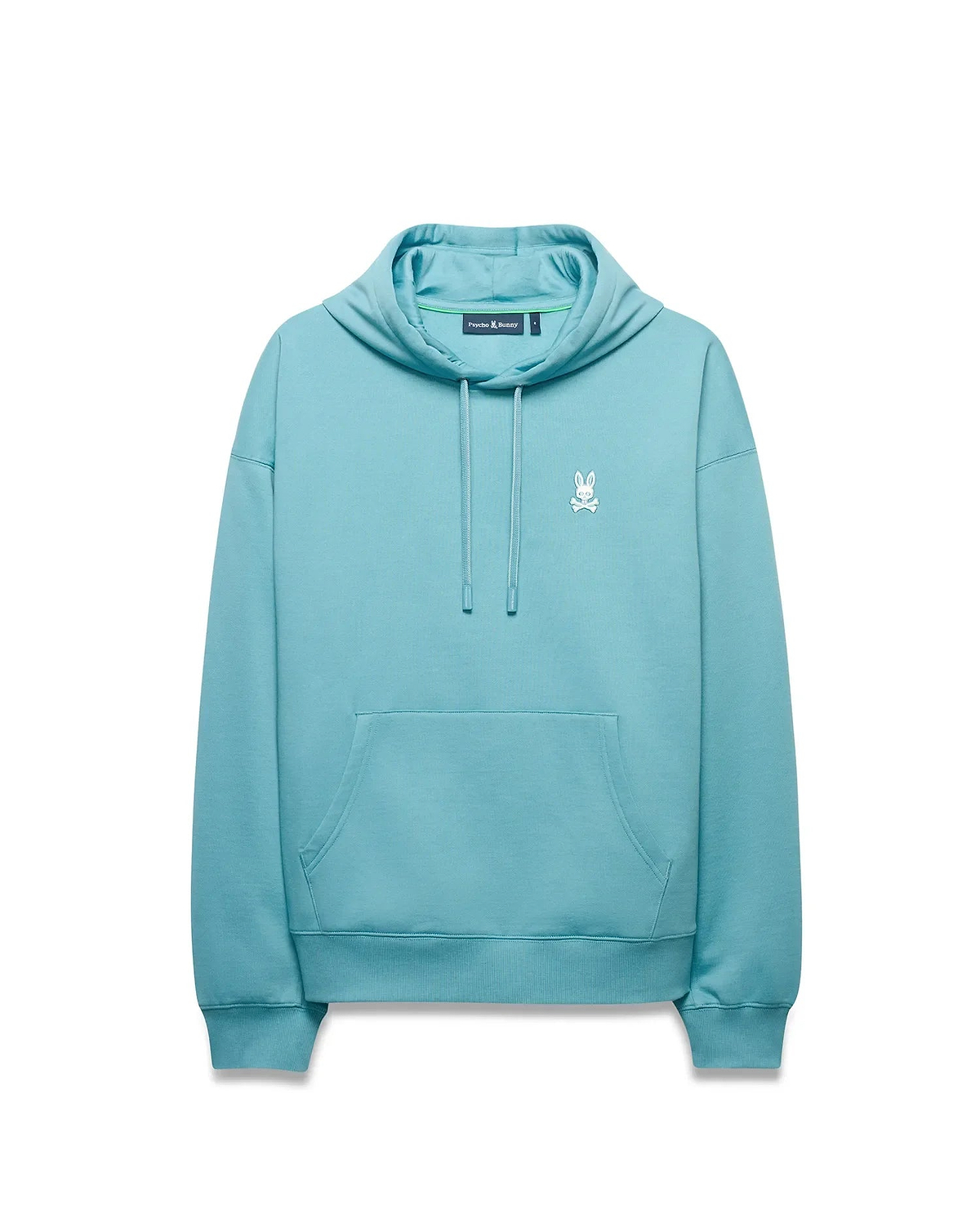 Men's Terrence Fleece Hoodie, an aqua blue relaxed fit hoodie with a smooth fleece texture, featuring a drawstring hood, kangaroo pocket, and a small white embroidered Psycho Bunny skull logo on the left chest. (5)