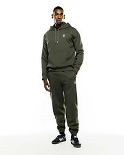 Mens Terrence Brushed Fleece Hoodie in olive green, featuring a relaxed fit, soft brushed fleece, white drawstrings, kangaroo pocket, and a small embroidered white Psycho Bunny skull logo on the left chest.