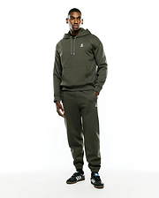 Mens Terrence Brushed Fleece Hoodie in olive green, featuring a relaxed fit, soft brushed fleece, white drawstrings, kangaroo pocket, and a small embroidered white Psycho Bunny skull logo on the left chest.