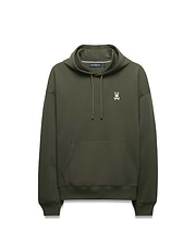 Mens Terrence Brushed Fleece Hoodie, olive green, relaxed fit, featuring a white embroidered Psycho Bunny skull logo on the left chest, a kangaroo pocket, and silver-tipped drawstrings.