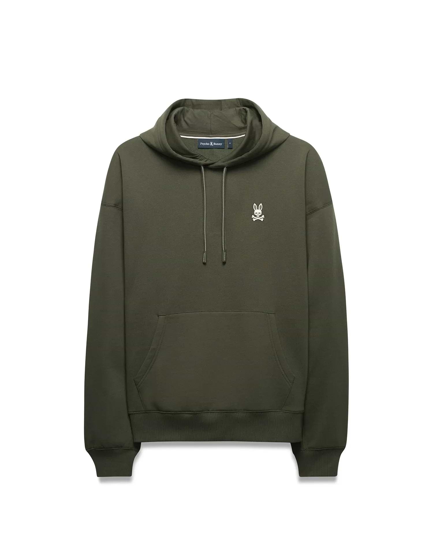 Mens Terrence Brushed Fleece Hoodie, olive green, relaxed fit, featuring a white embroidered Psycho Bunny skull logo on the left chest, a kangaroo pocket, and silver-tipped drawstrings.
