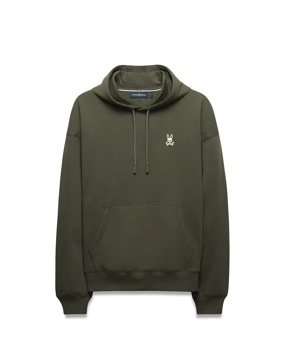 Mens Terrence Brushed Fleece Hoodie, olive green, relaxed fit, featuring a white embroidered Psycho Bunny skull logo on the left chest, a kangaroo pocket, and silver-tipped drawstrings.