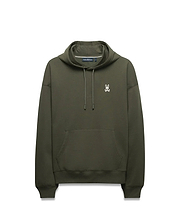 Mens Terrence Brushed Fleece Hoodie, olive green, relaxed fit, featuring a white embroidered Psycho Bunny skull logo on the left chest, a kangaroo pocket, and silver-tipped drawstrings.