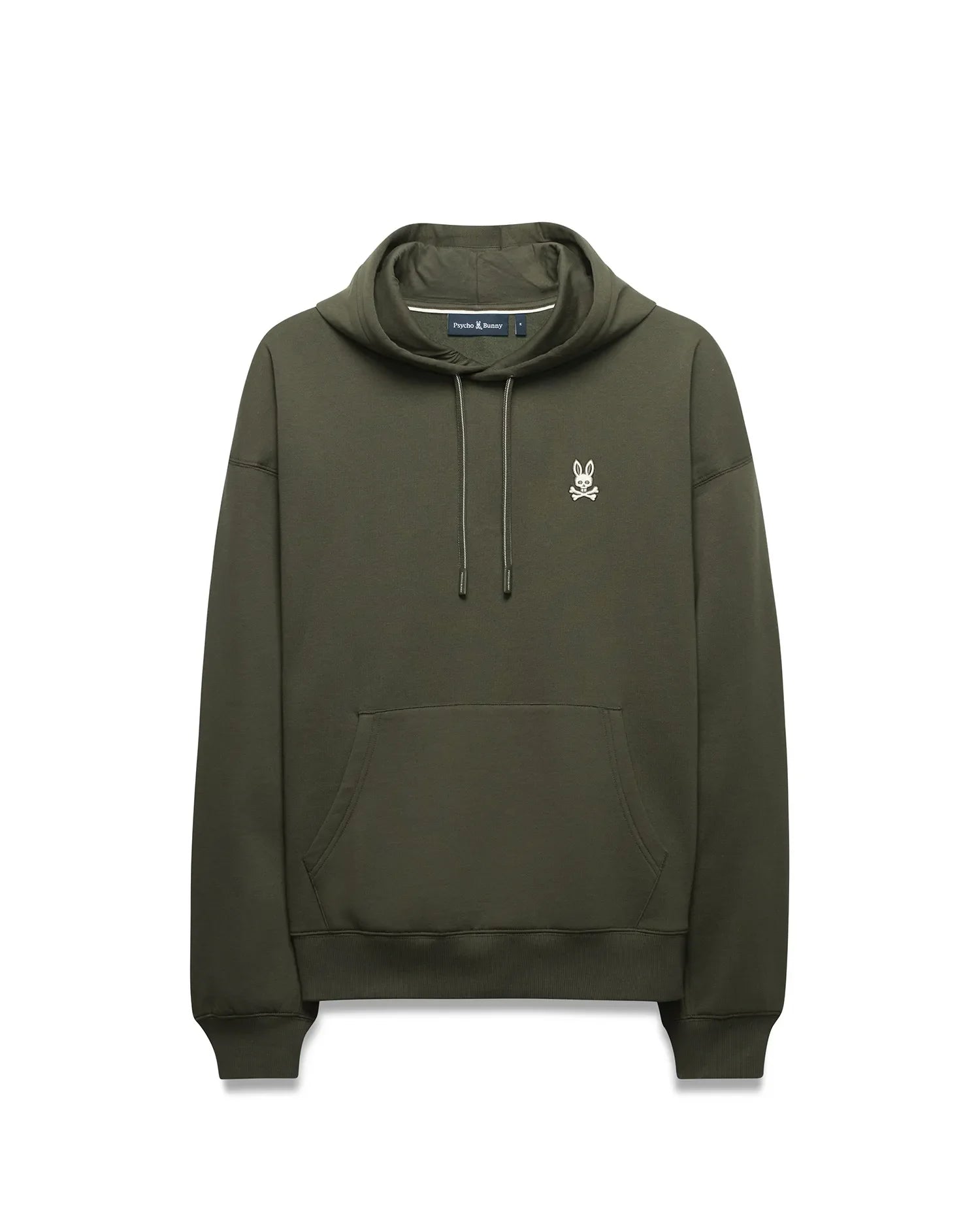Mens Terrence Brushed Fleece Hoodie, olive green, relaxed fit, featuring a white embroidered Psycho Bunny skull logo on the left chest, a kangaroo pocket, and silver-tipped drawstrings.