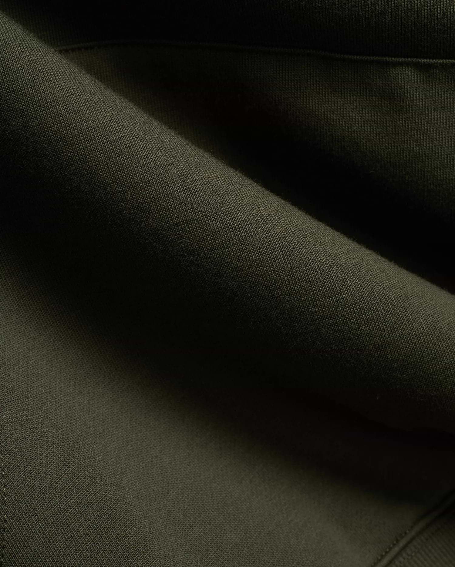 Mens Terrence Brushed Fleece Hoodie in dark olive green, showcasing soft, textured brushed fleece fabric with subtle knit details, draped in gentle folds.