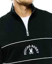 Mens Stevie French Terry Ss 1/4 Zip in deep green, classic fit, with a custom bunny skull zipper pull, white chest stripes, and a large embroidered Psycho Bunny skull logo.