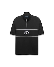 Mens Stevie French Terry Ss 1/4 Zip in black, featuring a relaxed fit, high collar, white 1/4 zip, two white chest stripes, and an embroidered white Psycho Bunny skull logo.