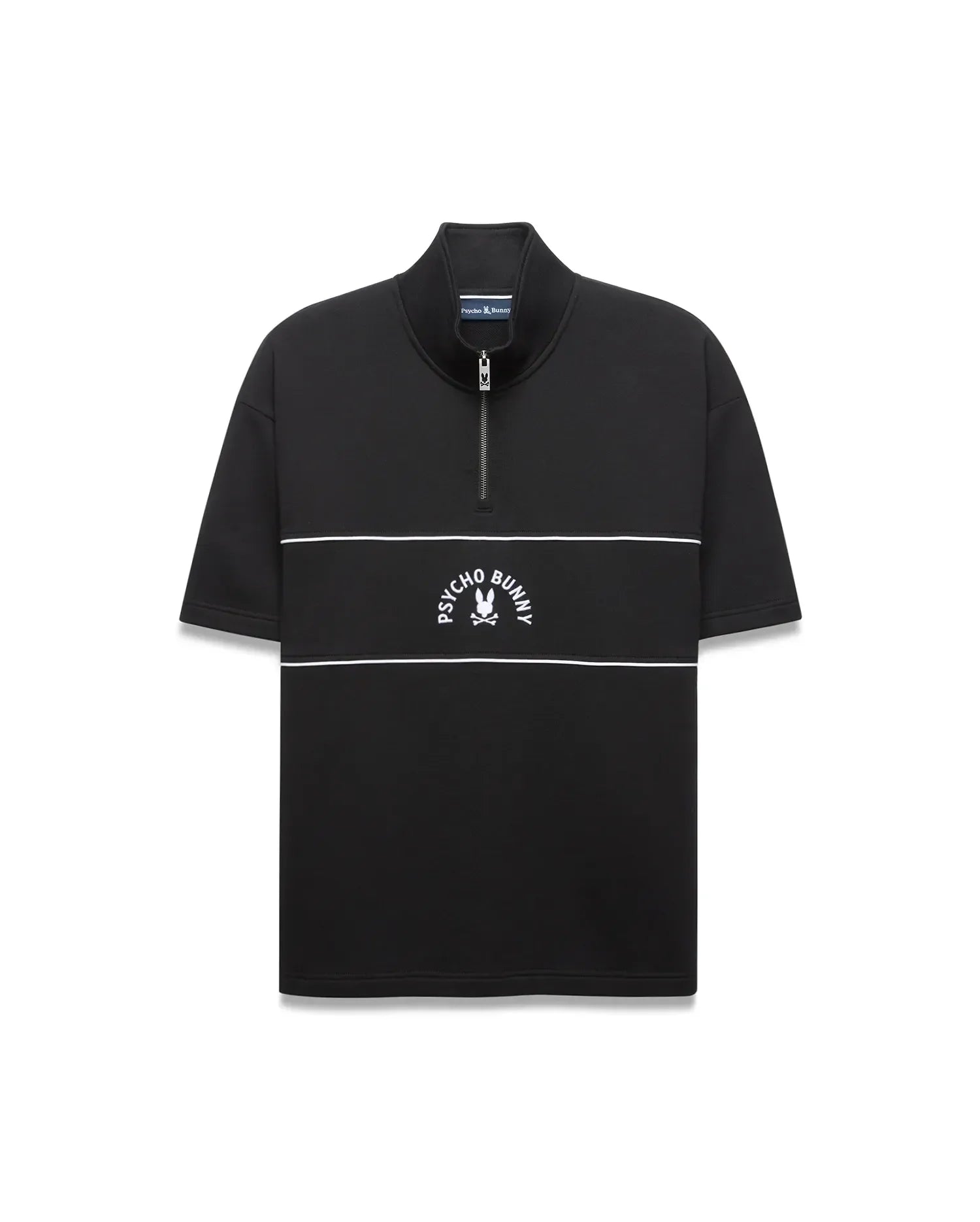 Mens Stevie French Terry Ss 1/4 Zip in black, featuring a relaxed fit, high collar, white 1/4 zip, two white chest stripes, and an embroidered white Psycho Bunny skull logo.