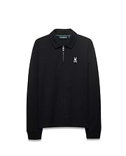 MEN'S SAMSON QUARTER-ZIP SWEATER, black smooth knit with a classic fit, featuring a quarter-zip collar, small white embroidered Psycho Bunny skull logo on the left chest, and green neck tape. (5)