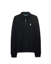 MEN'S SAMSON QUARTER-ZIP SWEATER, black smooth knit with a classic fit, featuring a quarter-zip collar, small white embroidered Psycho Bunny skull logo on the left chest, and green neck tape. (5)