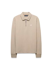 Men's Samson Quarter-Zip Sweater in beige, featuring a classic fit, smooth fabric, quarter-zip collar, ribbed cuffs, and a small embroidered white Psycho Bunny skull logo on the left chest. (5)
