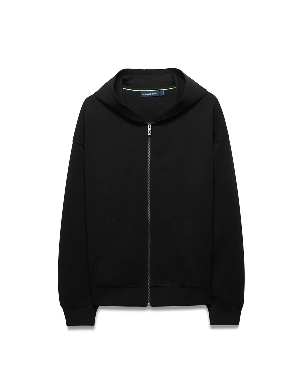 Mens Jonathan Zip Hoodie, black soft cotton, relaxed fit, featuring a tonal embroidered Psycho Bunny skull logo on the left chest, full silver zip with bunny skull pull, and green branded neck tape. (5)