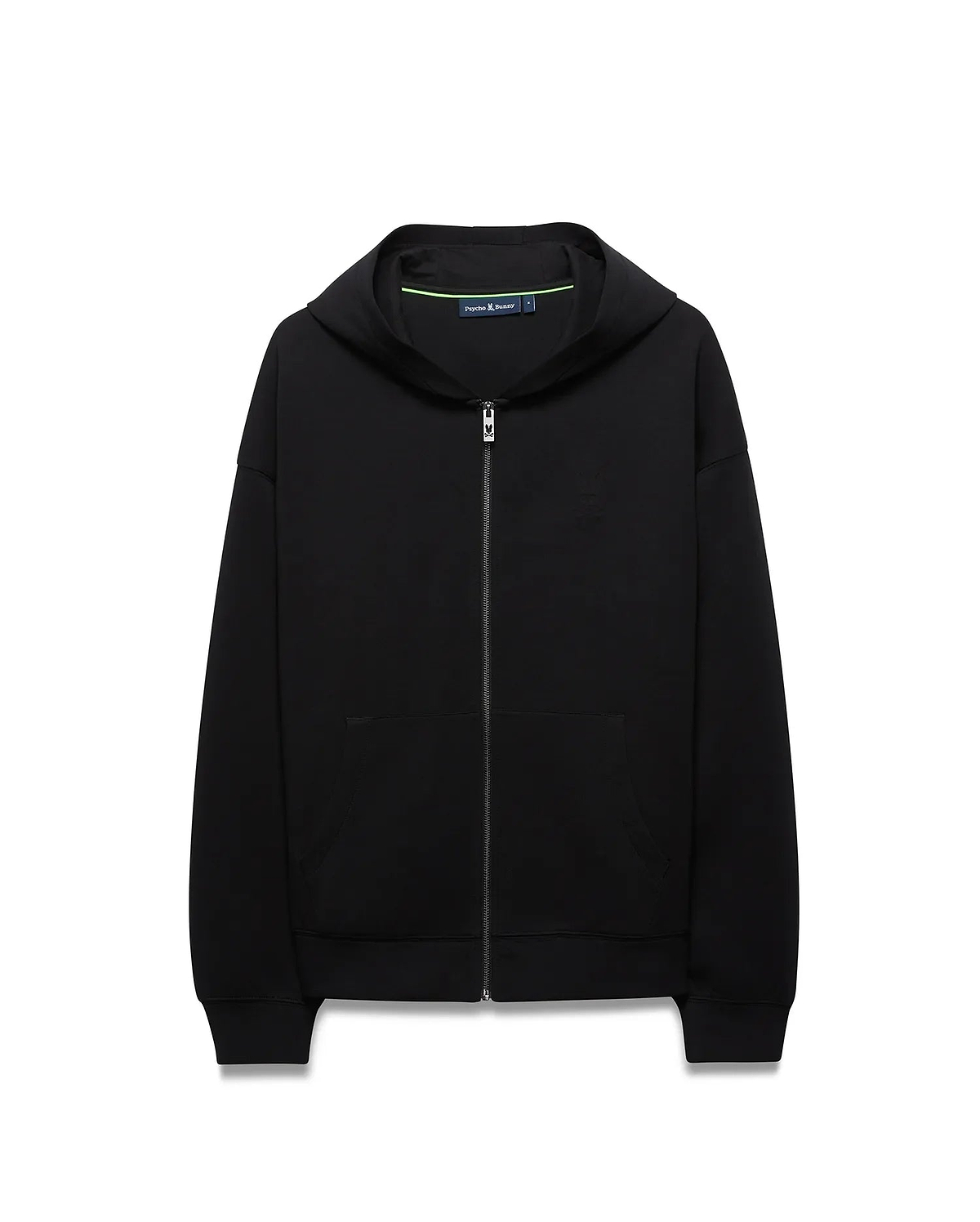 Mens Jonathan Zip Hoodie, black soft cotton, relaxed fit, featuring a tonal embroidered Psycho Bunny skull logo on the left chest, full silver zip with bunny skull pull, and green branded neck tape. (5)