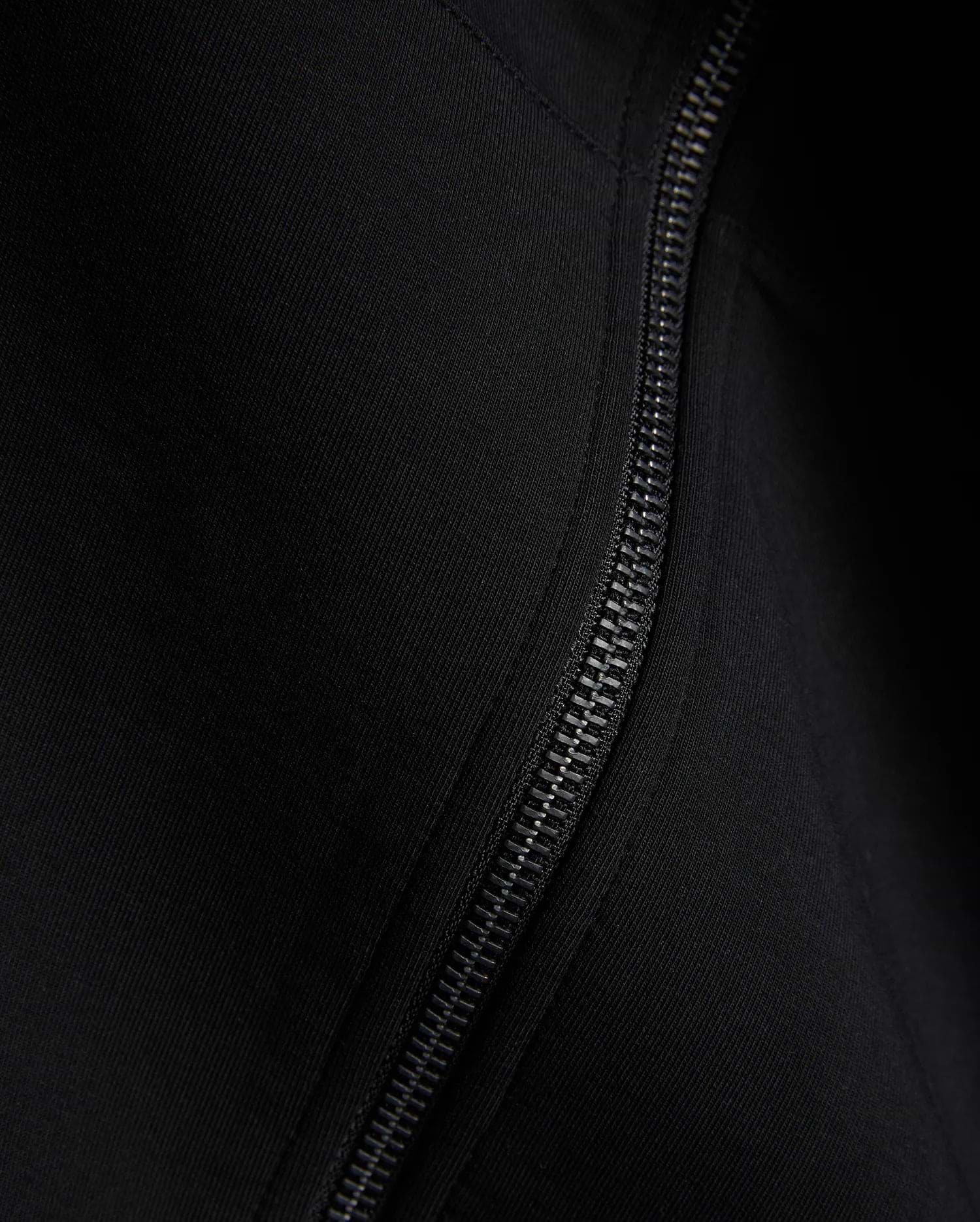 Black Mens Jonathan Zip Hoodie, a premium streetwear piece crafted with a sleek black zipper and a fine, subtle diagonal ribbed knit texture. (6)