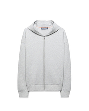 Mens Jonathan Zip Hoodie, a relaxed fit heather grey French terry full-zip hoodie with ribbed cuffs/hem, small embroidered Psycho Bunny logo on left chest, and a subtle tonal bunny skull detail. (5)