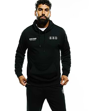 Mens Nathaniel Relaxed Chest Hoodie in black French terry, featuring white Psycho Bunny New York Since 2005 text on the left chest and three small white circular skull logos on the right chest, with a kangaroo pocket. (1)