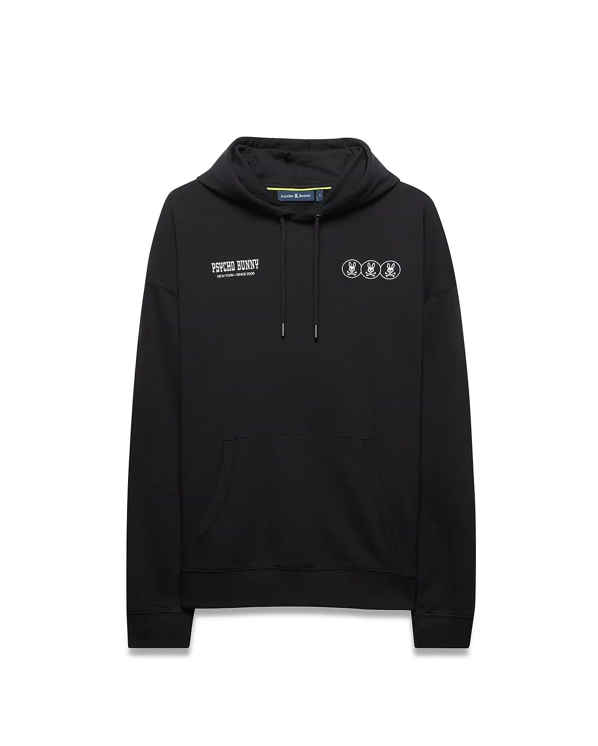 Mens Nathaniel Relaxed Chest Hoodie in black French terry, featuring white Psycho Bunny text and three outlined bunny skull logos on the chest, with a kangaroo pocket. (5)