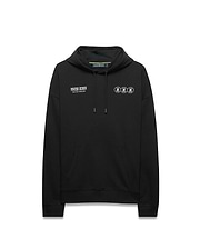 Mens Nathaniel Relaxed Chest Hoodie in black French terry, featuring white Psycho Bunny text and three outlined bunny skull logos on the chest, with a kangaroo pocket. (5)