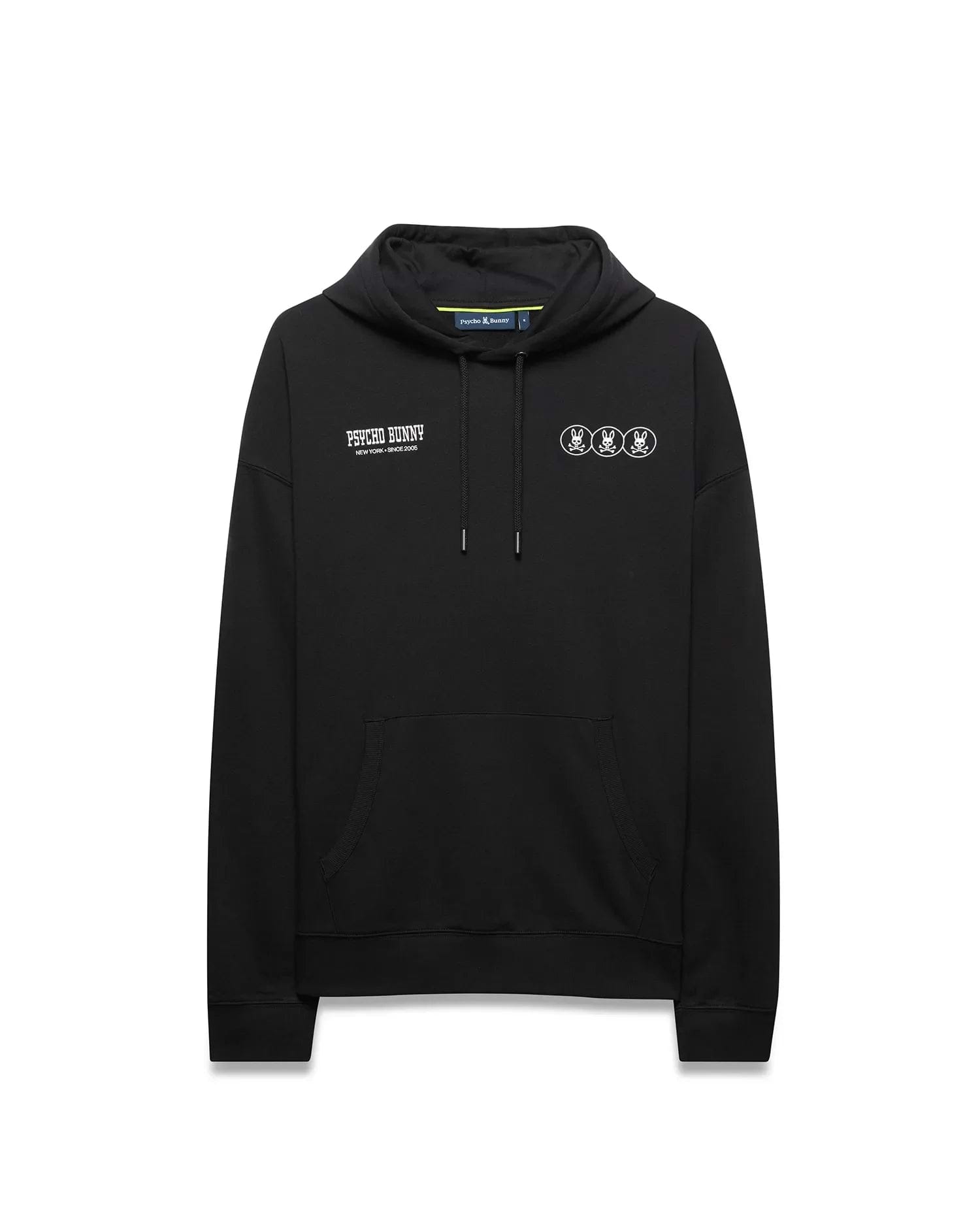 Mens Nathaniel Relaxed Chest Hoodie in black French terry, featuring white Psycho Bunny text and three outlined bunny skull logos on the chest, with a kangaroo pocket. (5)