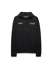 Mens Nathaniel Relaxed Chest Hoodie in black French terry, featuring white Psycho Bunny text and three outlined bunny skull logos on the chest, with a kangaroo pocket. (5)