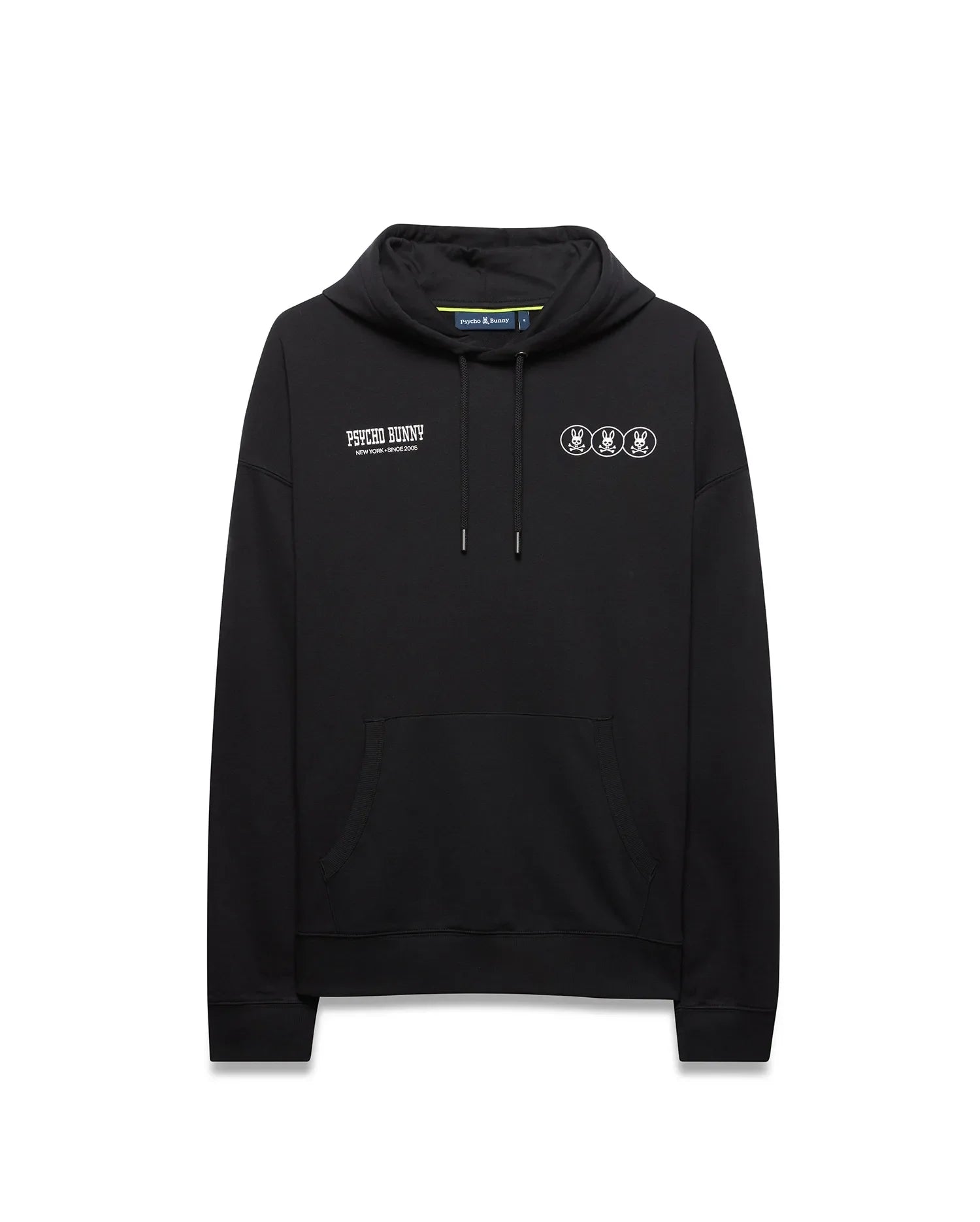 Mens Nathaniel Relaxed Chest Hoodie in black French terry, featuring white Psycho Bunny text and three outlined bunny skull logos on the chest, with a kangaroo pocket. (5)