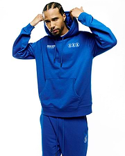 Mens Nathaniel Relaxed Chest Hoodie in royal blue soft fleece, featuring a white Psycho Bunny text logo on the left chest and three small white bunny skull logos on the right chest, with a kangaroo pocket and drawstrings. (4)