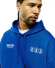 Mens Nathaniel Relaxed Chest Hoodie in royal blue French terry, featuring a relaxed fit. White embroidered Psycho Bunny text with New York Since 2005 on the left chest, and three small white embroidered bunny skull logos on the right chest. (3)
