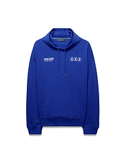 Mens Nathaniel Relaxed Chest Hoodie in royal blue french terry, relaxed fit, with large white Psycho Bunny text on left chest, three small white bunny skull logos on right chest, and a kangaroo pocket. (5)