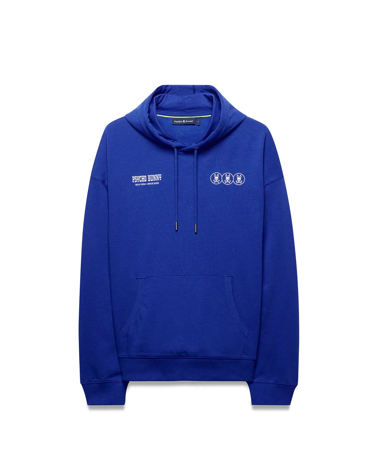 Mens Nathaniel Relaxed Chest Hoodie in royal blue french terry, relaxed fit, with large white Psycho Bunny text on left chest, three small white bunny skull logos on right chest, and a kangaroo pocket. (5)