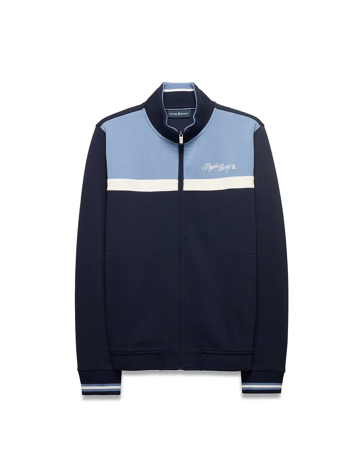 Men's Jacques Pique Track Jacket, navy pique with light blue upper and white stripe. Classic fit, full zip with bunny skull pull, ribbed trim, and embroidered Psycho Bunny script logo on chest. (5)