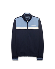 Men's Jacques Pique Track Jacket, navy pique with light blue upper and white stripe. Classic fit, full zip with bunny skull pull, ribbed trim, and embroidered Psycho Bunny script logo on chest. (5)