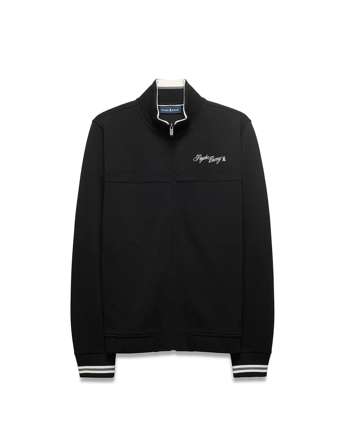 Men's Jacques Pique Track Jacket, black with white and grey striped ribbed collar and cuffs, featuring a white embroidered Psycho Bunny script logo on the left chest and a small skull logo on the back neck. (5)