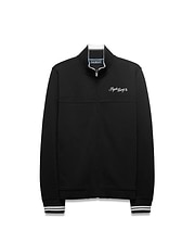 Men's Jacques Pique Track Jacket, black with white and grey striped ribbed collar and cuffs, featuring a white embroidered Psycho Bunny script logo on the left chest and a small skull logo on the back neck. (5)