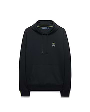 Mens Lex Hoodie, black classic fit jersey knit with a small embroidered neon yellow and white Psycho Bunny skull logo on the left chest, drawstring hood, kangaroo pocket, and neon yellow stripe accents on the cuffs and collar lining. (5)