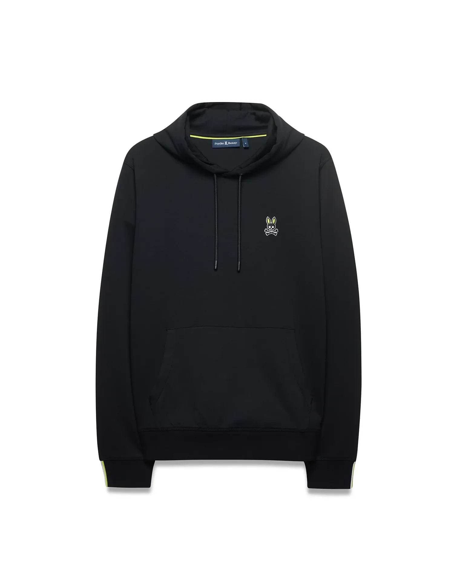 Mens Lex Hoodie, black classic fit jersey knit with a small embroidered neon yellow and white Psycho Bunny skull logo on the left chest, drawstring hood, kangaroo pocket, and neon yellow stripe accents on the cuffs and collar lining. (5)